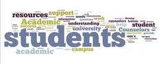 Tag Cloud with big word saying "Students" and various words saying things like resources, support, academic, university, campus, work, counselors etc. 